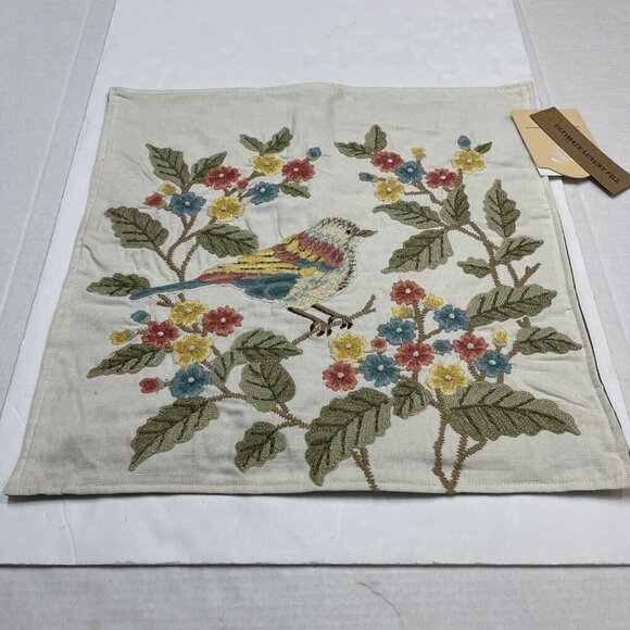The Home Throw Pillow Covers Floral Birds 18x18 Embroidered Textured Cotton - Picture 5 of 12